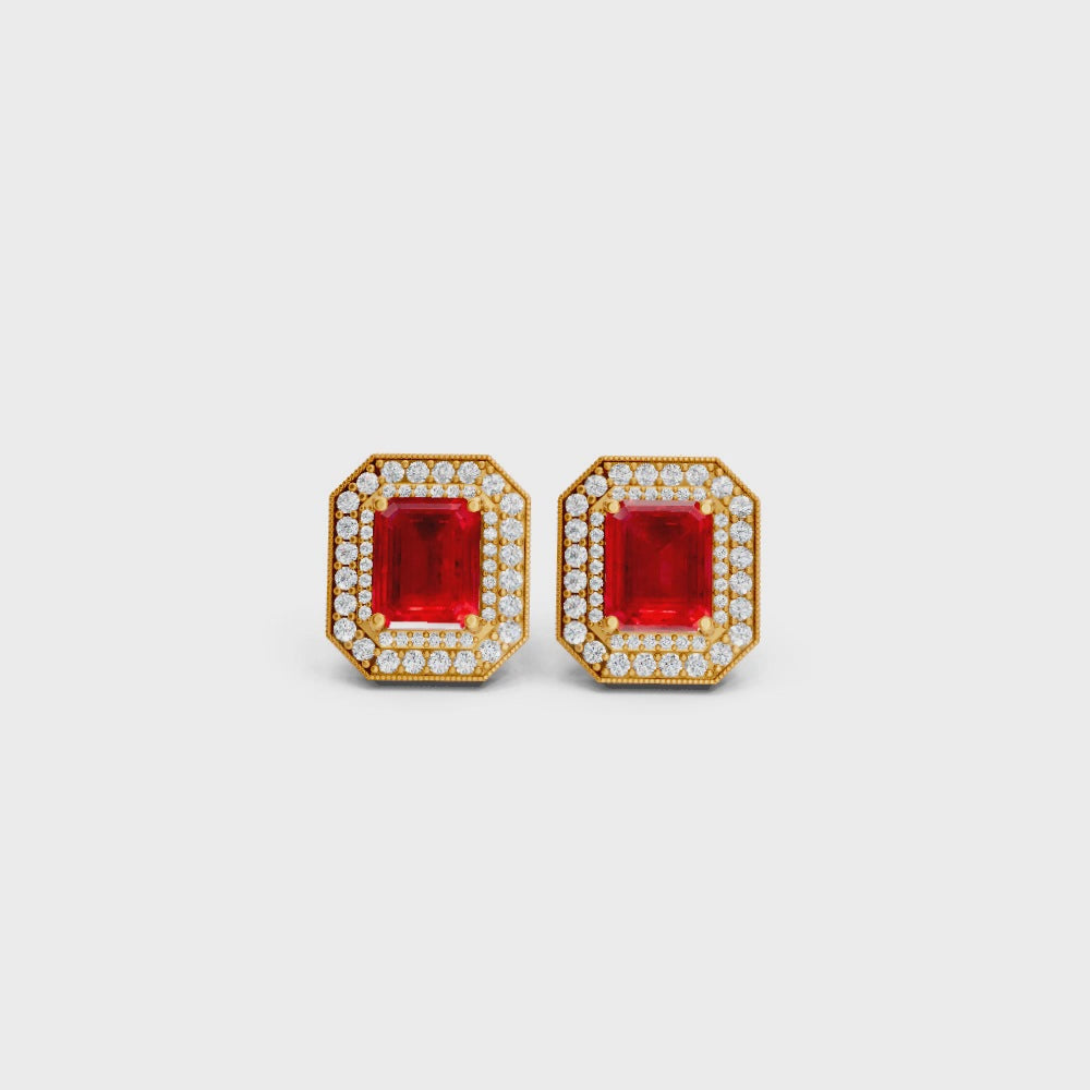 Ruby Octagonal Double Halo Milgrain Stud Earrings