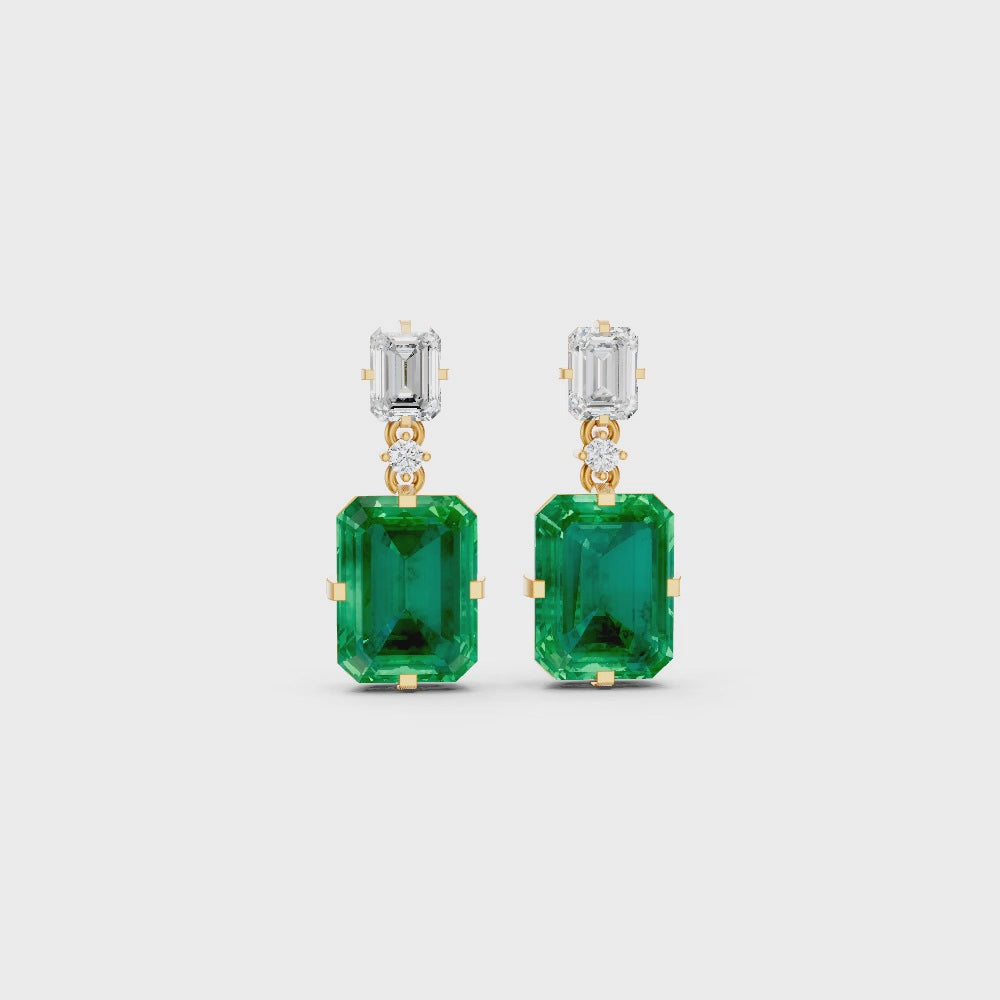 Colombian Emerald & Diamond Octagonal Drop Earrings