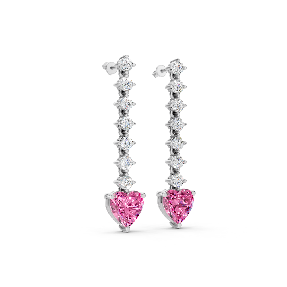 Pink Sapphire Ruby Heart Drop Earrings with Diamond Tennis Chain