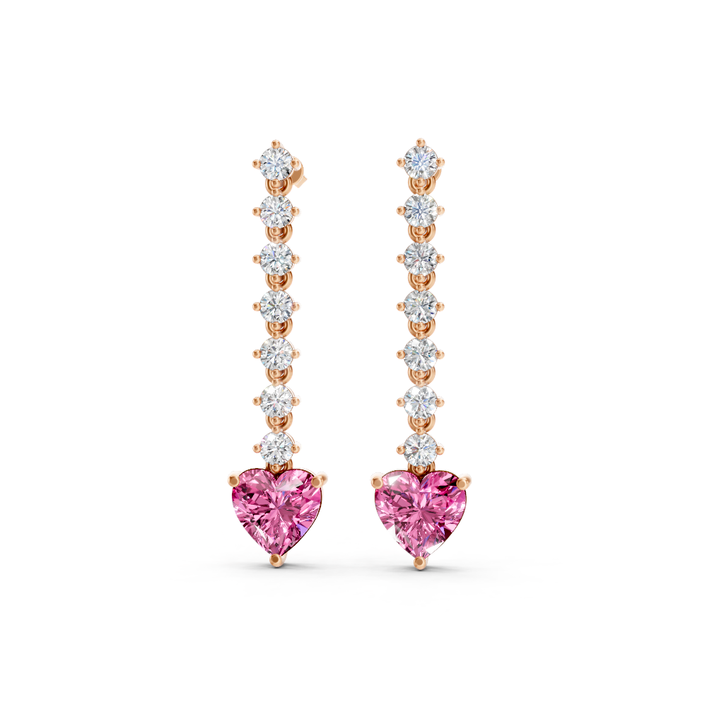 Pink Sapphire Ruby Heart Drop Earrings with Diamond Tennis Chain