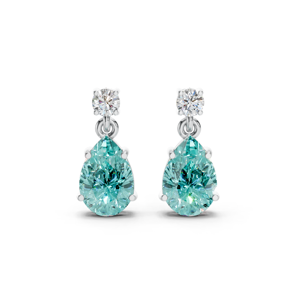 Paraiba Tourmaline Pear & Diamond Round Two-Stone Drop Earrings