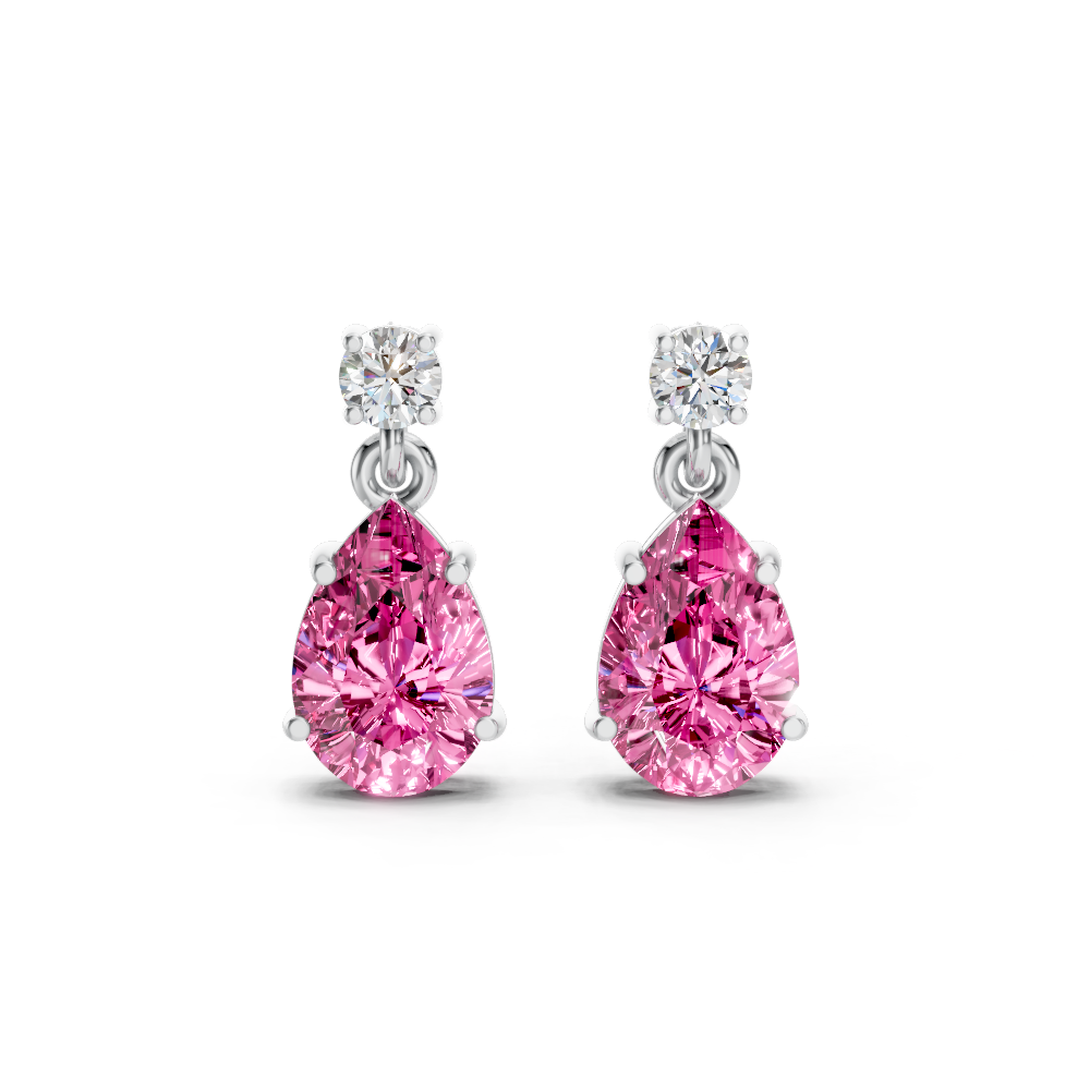 Pink Sapphire Pear & Diamond Round Two-Stone Drop Earrings