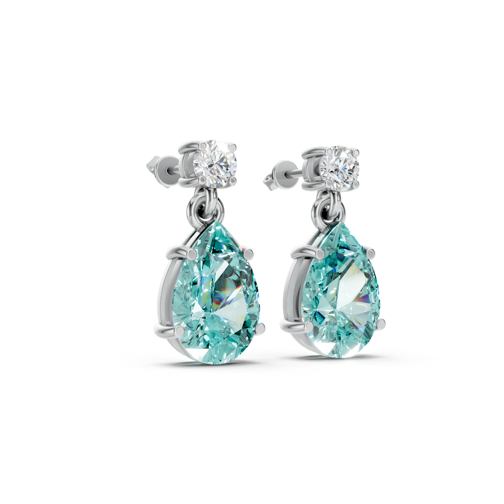 Paraiba Tourmaline Pear & Diamond Round Two-Stone Drop Earrings