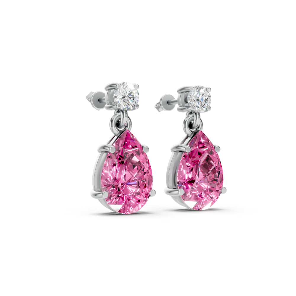 Pink Sapphire Pear & Diamond Round Two-Stone Drop Earrings