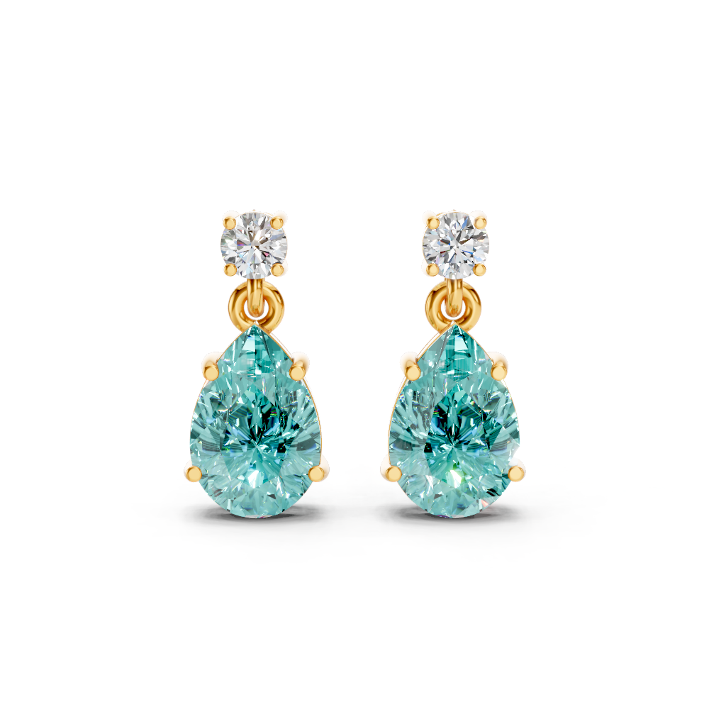Paraiba Tourmaline Pear & Diamond Round Two-Stone Drop Earrings