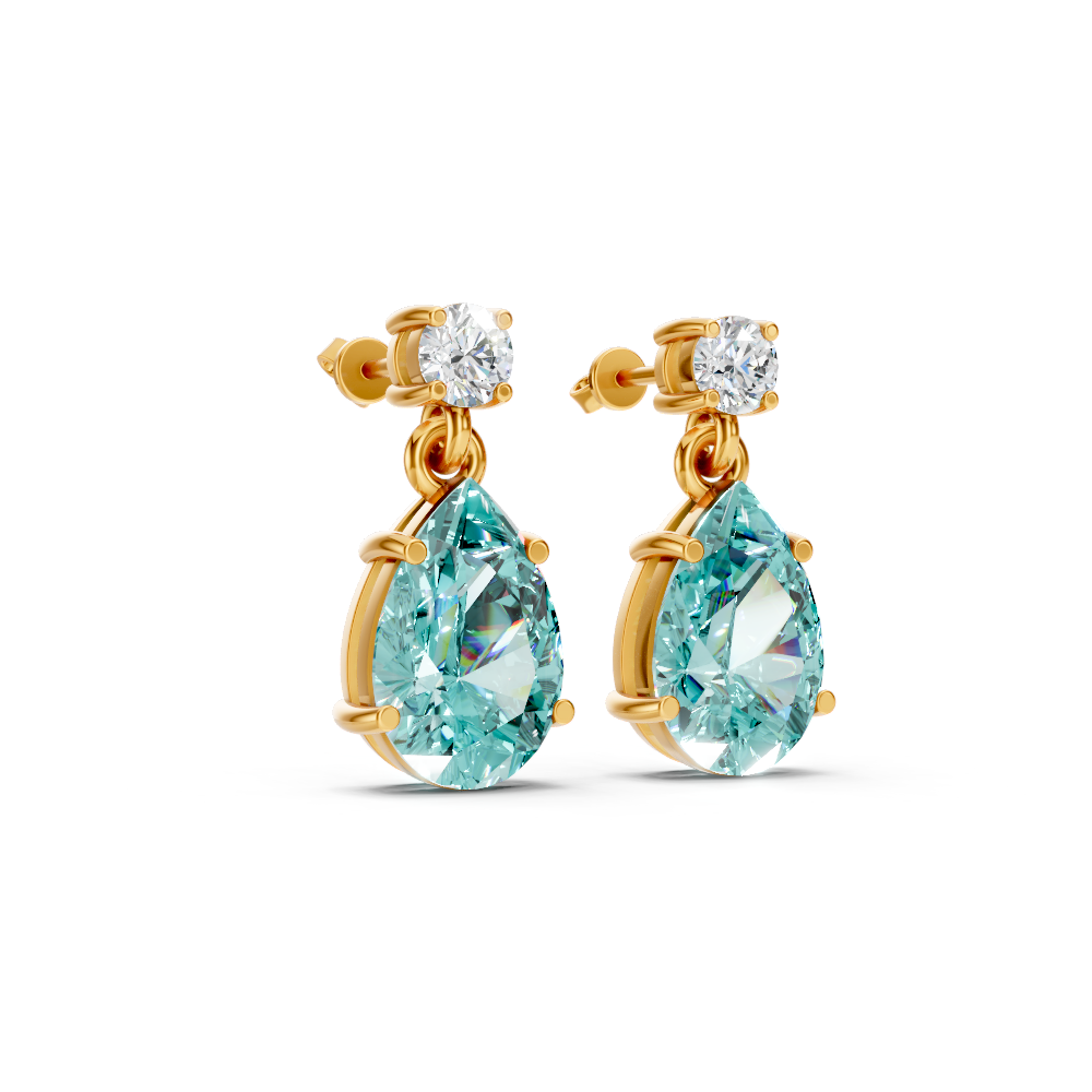 Paraiba Tourmaline Pear & Diamond Round Two-Stone Drop Earrings