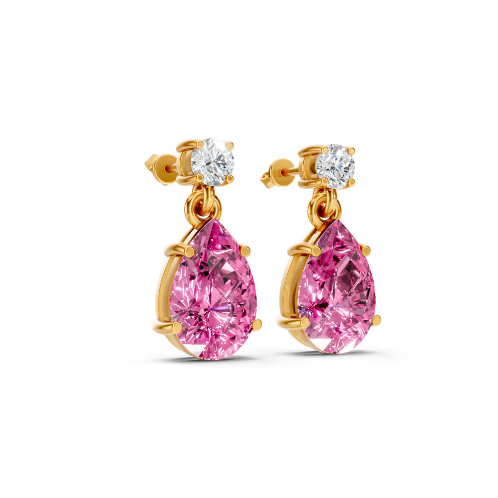 Pink Sapphire Pear & Diamond Round Two-Stone Drop Earrings