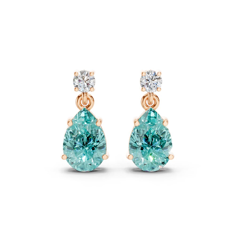 Paraiba Tourmaline Pear & Diamond Round Two-Stone Drop Earrings