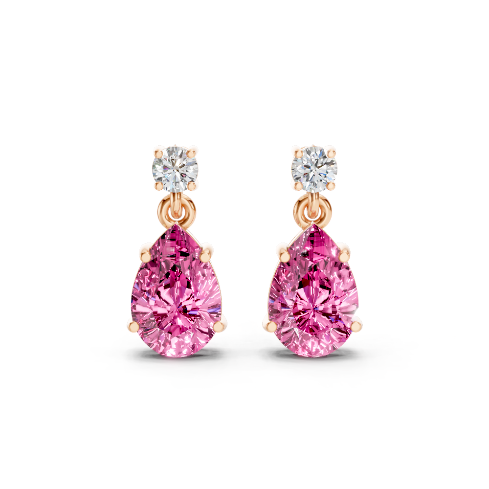 Pink Sapphire Pear & Diamond Round Two-Stone Drop Earrings