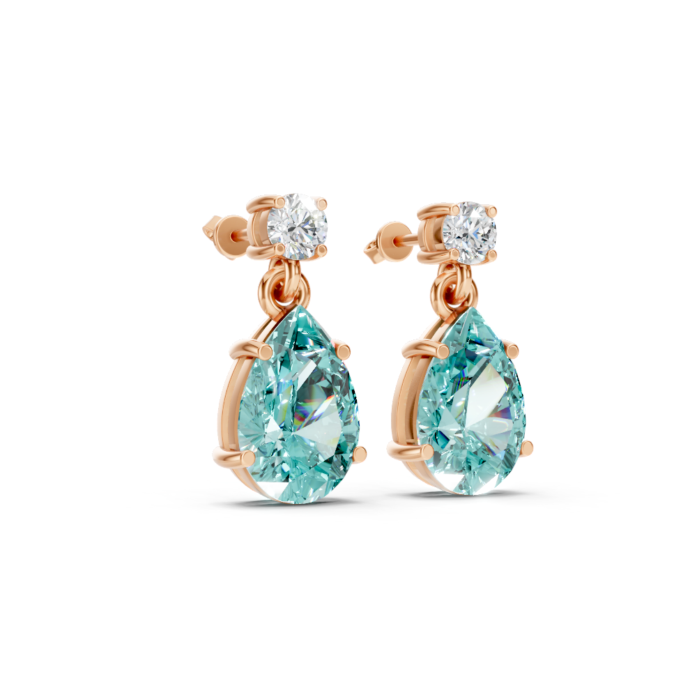 Paraiba Tourmaline Pear & Diamond Round Two-Stone Drop Earrings