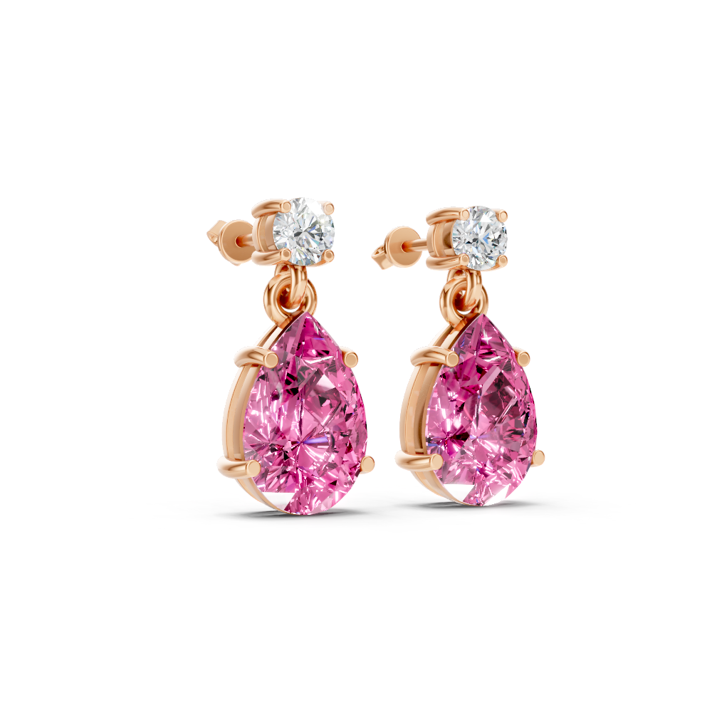 Pink Sapphire Pear & Diamond Round Two-Stone Drop Earrings