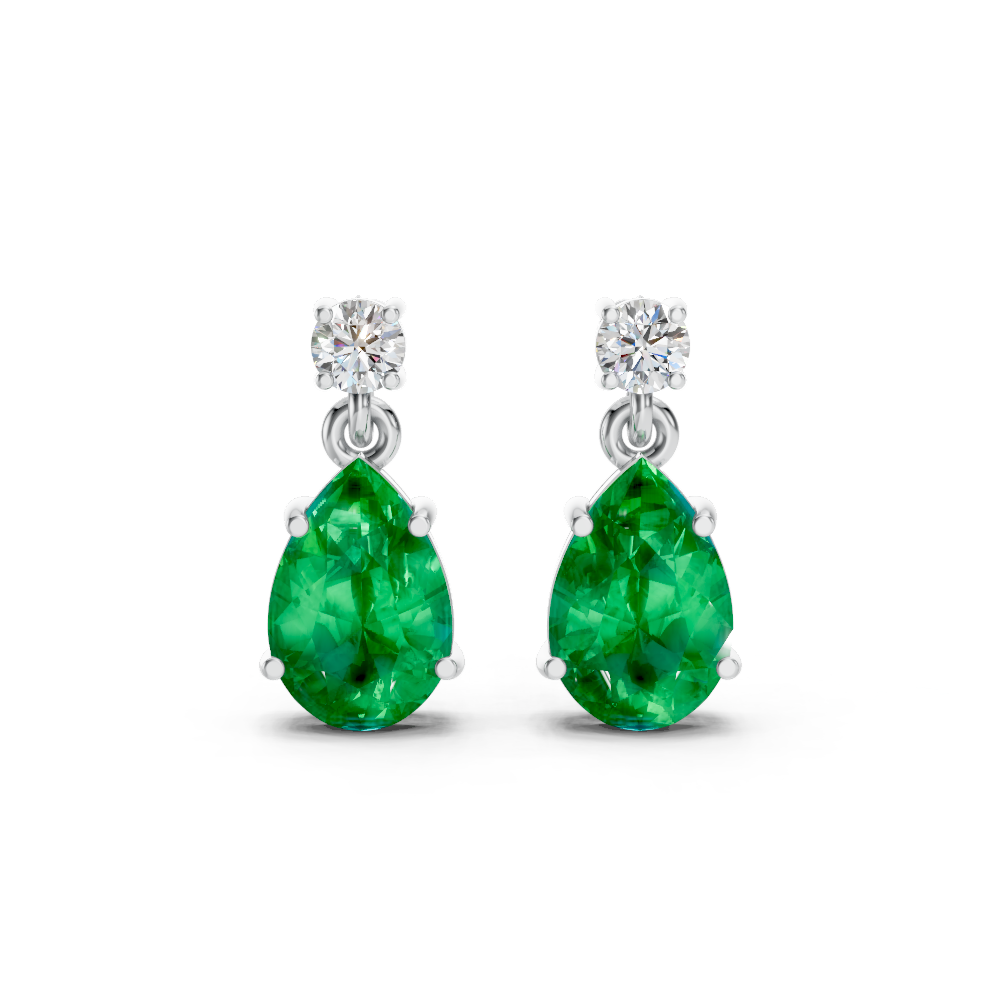 Colombian Emerald Pear & Diamond Round Two-Stone Drop Earrings