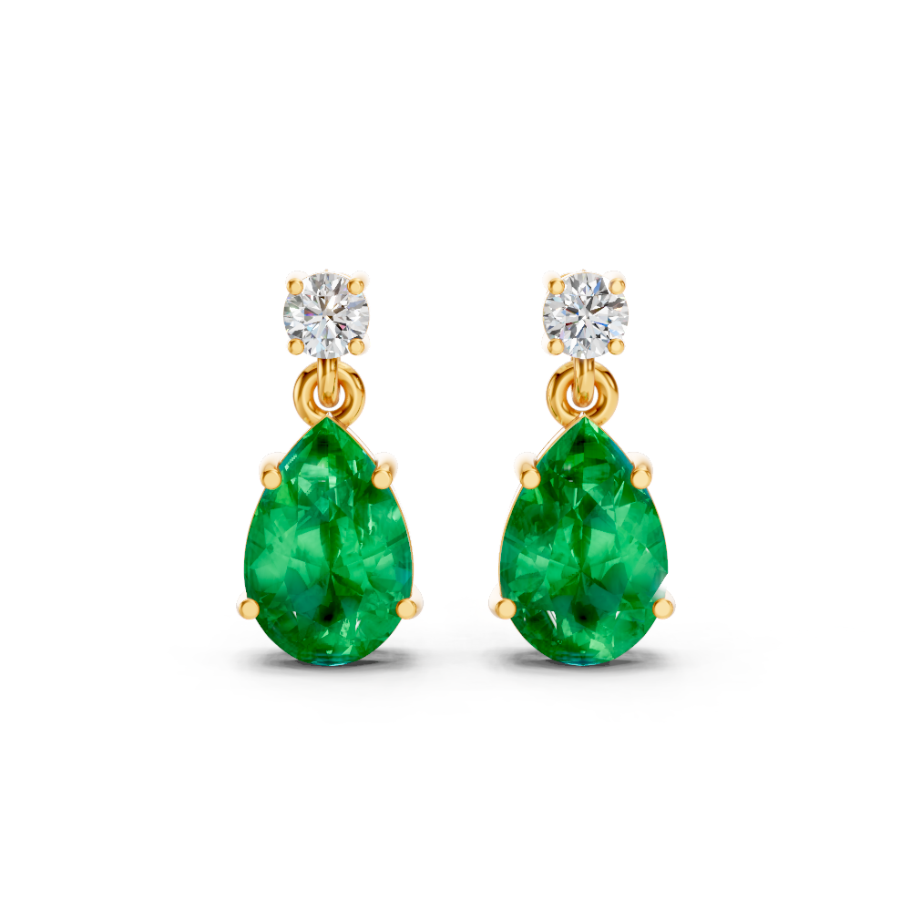 Colombian Emerald Pear & Diamond Round Two-Stone Drop Earrings