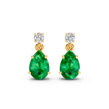 Colombian Emerald Pear & Diamond Round Two-Stone Drop Earrings