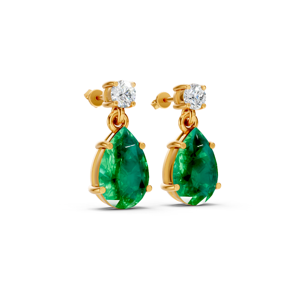 Colombian Emerald Pear & Diamond Round Two-Stone Drop Earrings