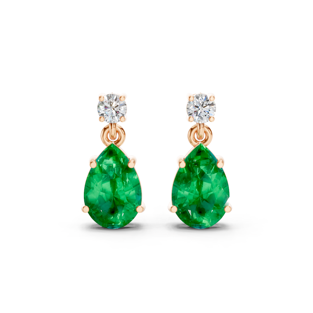 Colombian Emerald Pear & Diamond Round Two-Stone Drop Earrings