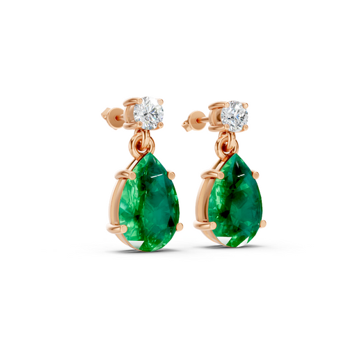 Colombian Emerald Pear & Diamond Round Two-Stone Drop Earrings