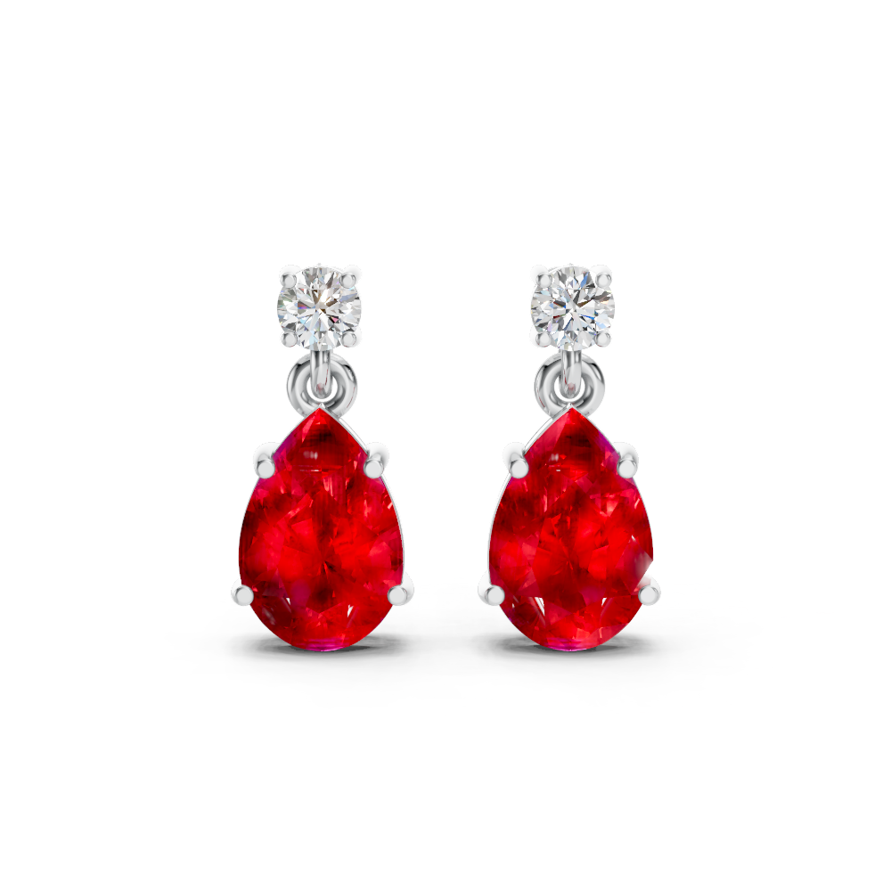 Ruby Pear & Diamond Round Two-Stone Drop Earrings