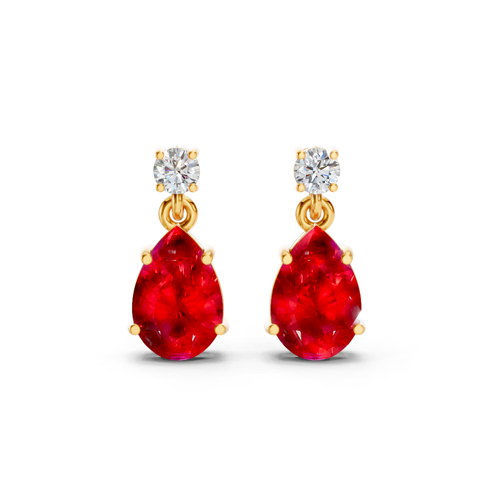 Ruby Pear & Diamond Round Two-Stone Drop Earrings