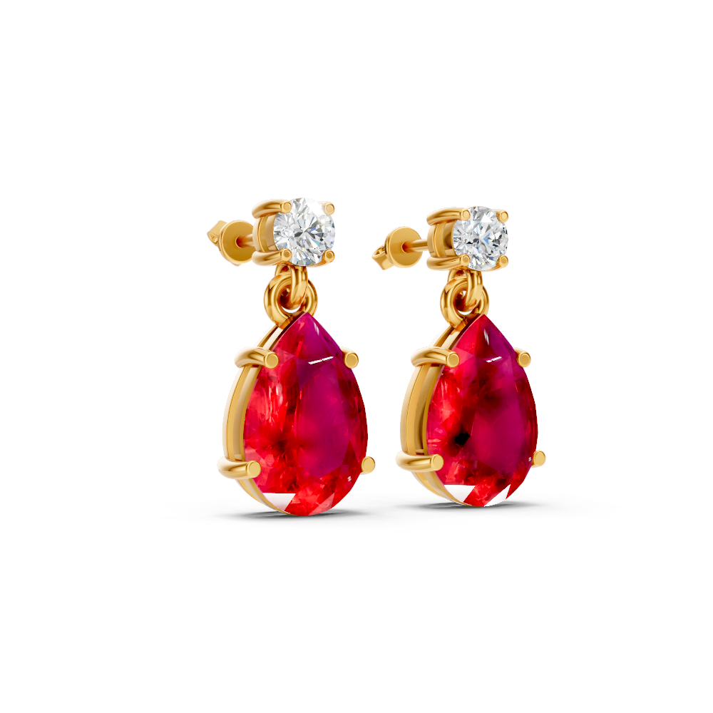 Ruby Pear & Diamond Round Two-Stone Drop Earrings