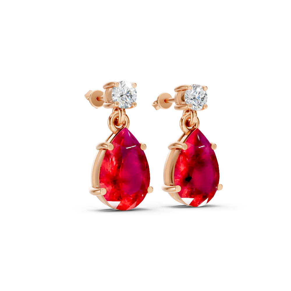 Ruby Pear & Diamond Round Two-Stone Drop Earrings