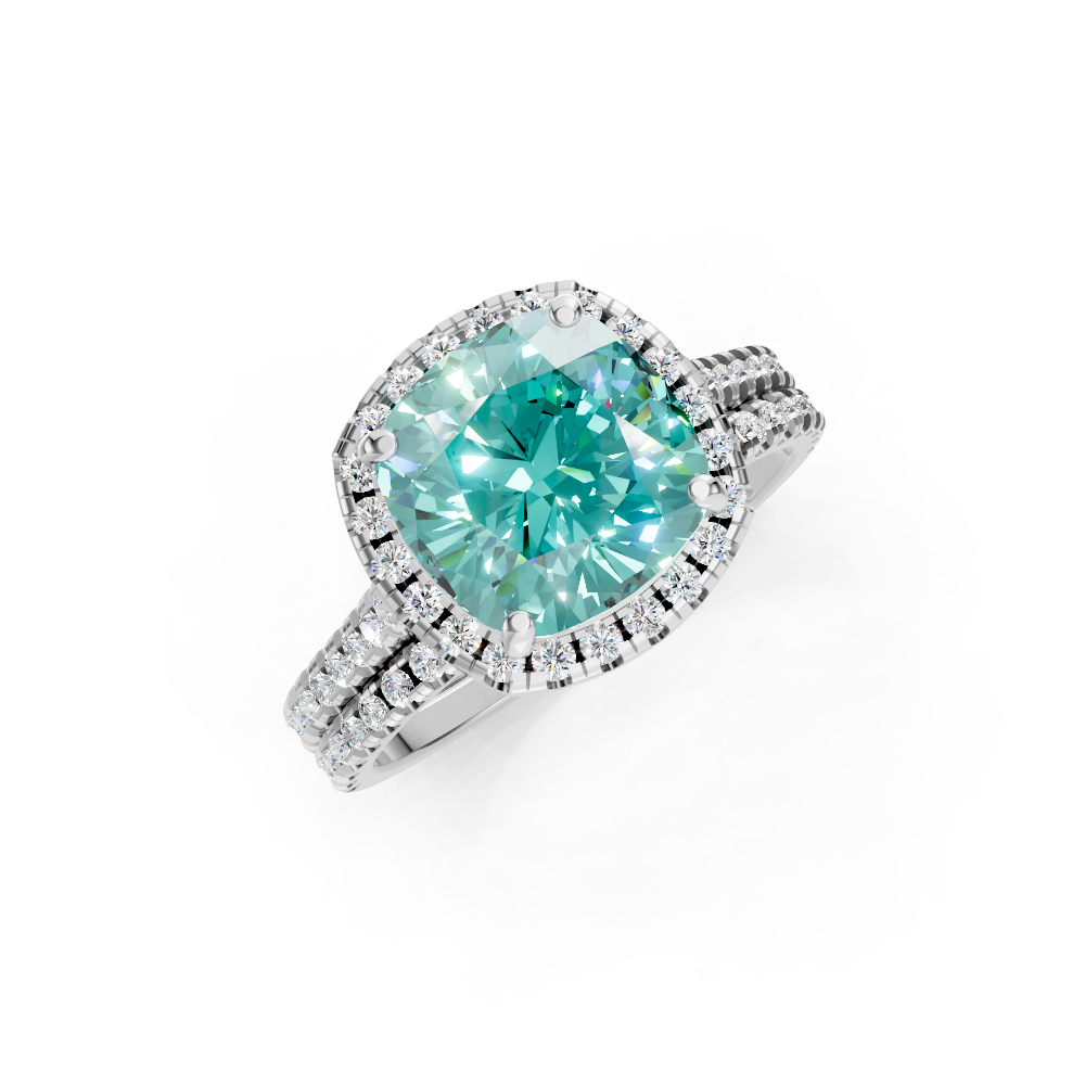 Paraiba Tourmaline Cushion Halo Ring with Pave Band
