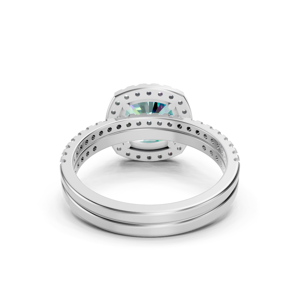 Paraiba Tourmaline Cushion Halo Ring with Pave Band
