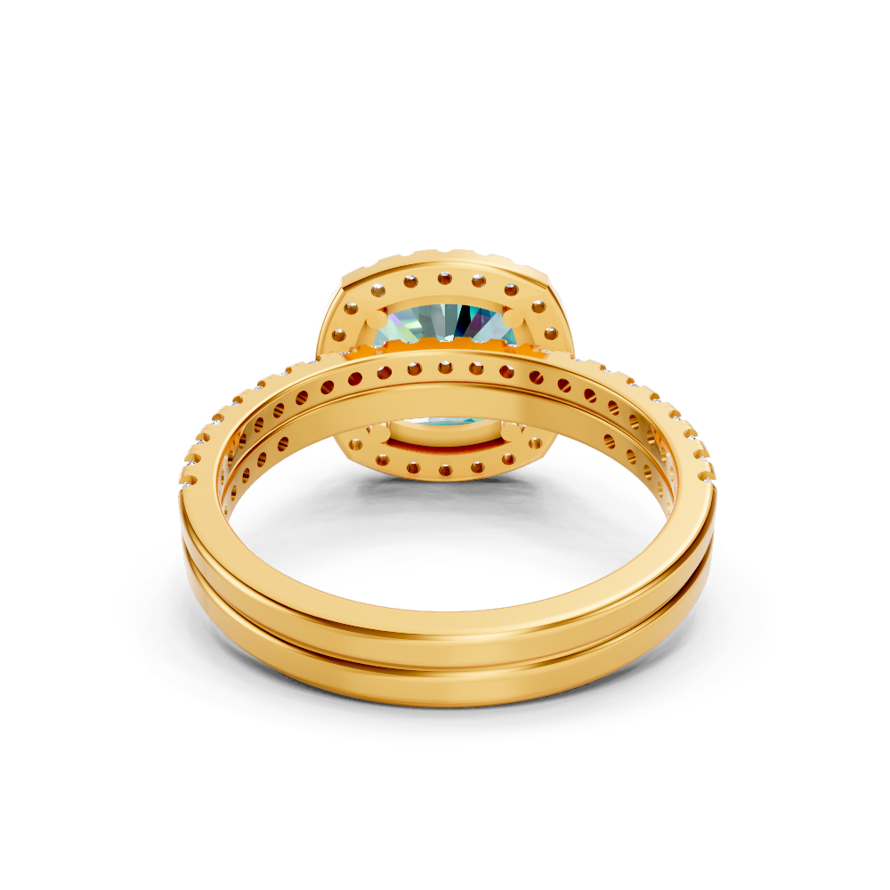 Paraiba Tourmaline Cushion Halo Ring with Pave Band