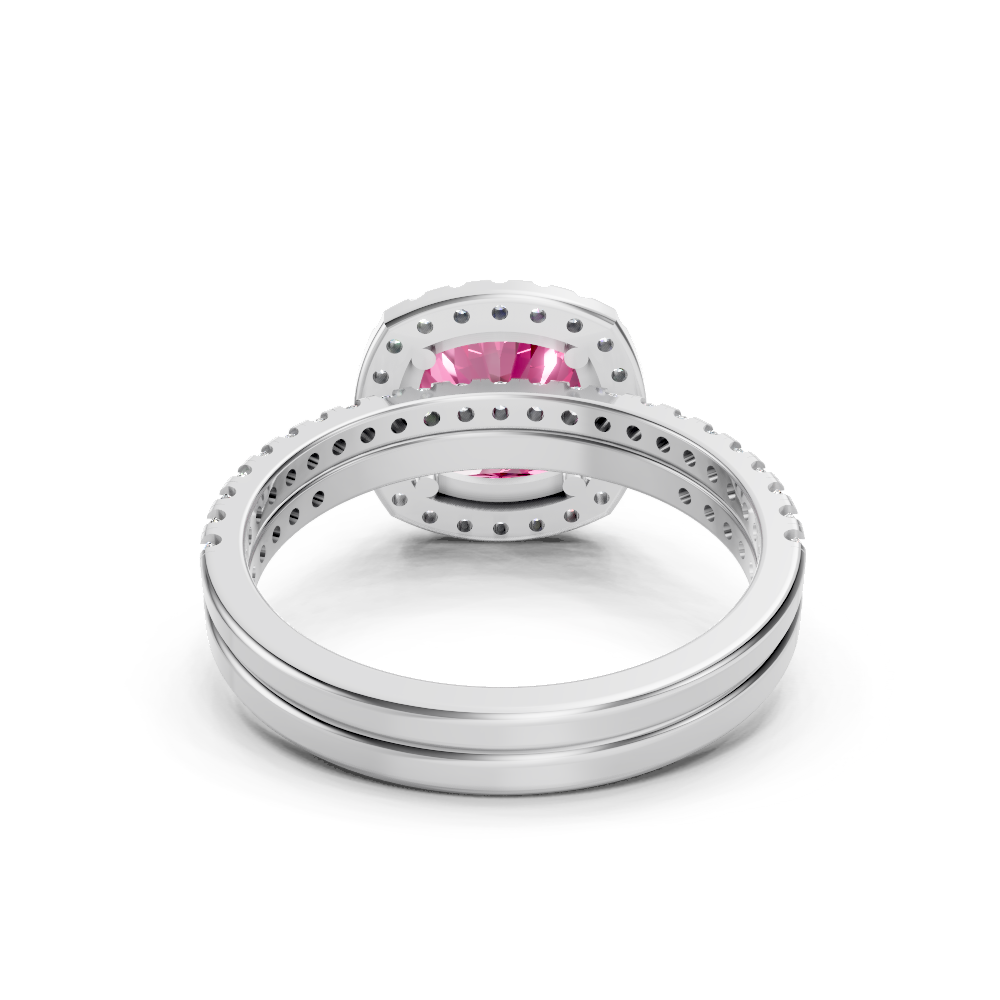 Pink Sapphire Cushion Halo Ring with Pave Band