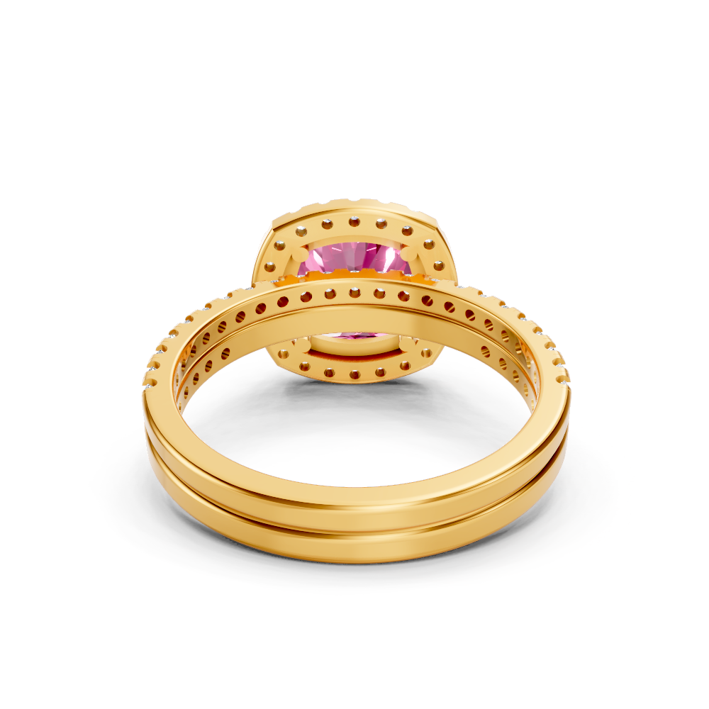 Pink Sapphire Cushion Halo Ring with Pave Band