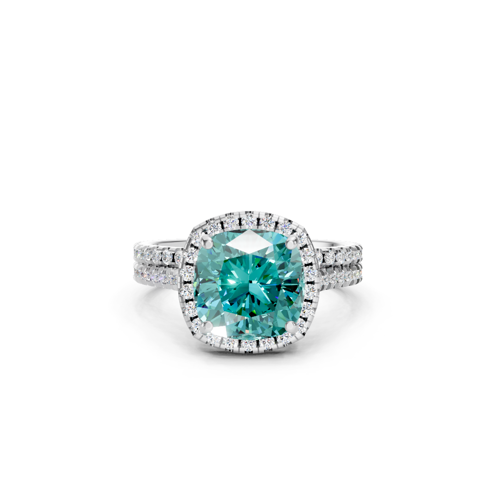 Paraiba Tourmaline Cushion Halo Ring with Pave Band