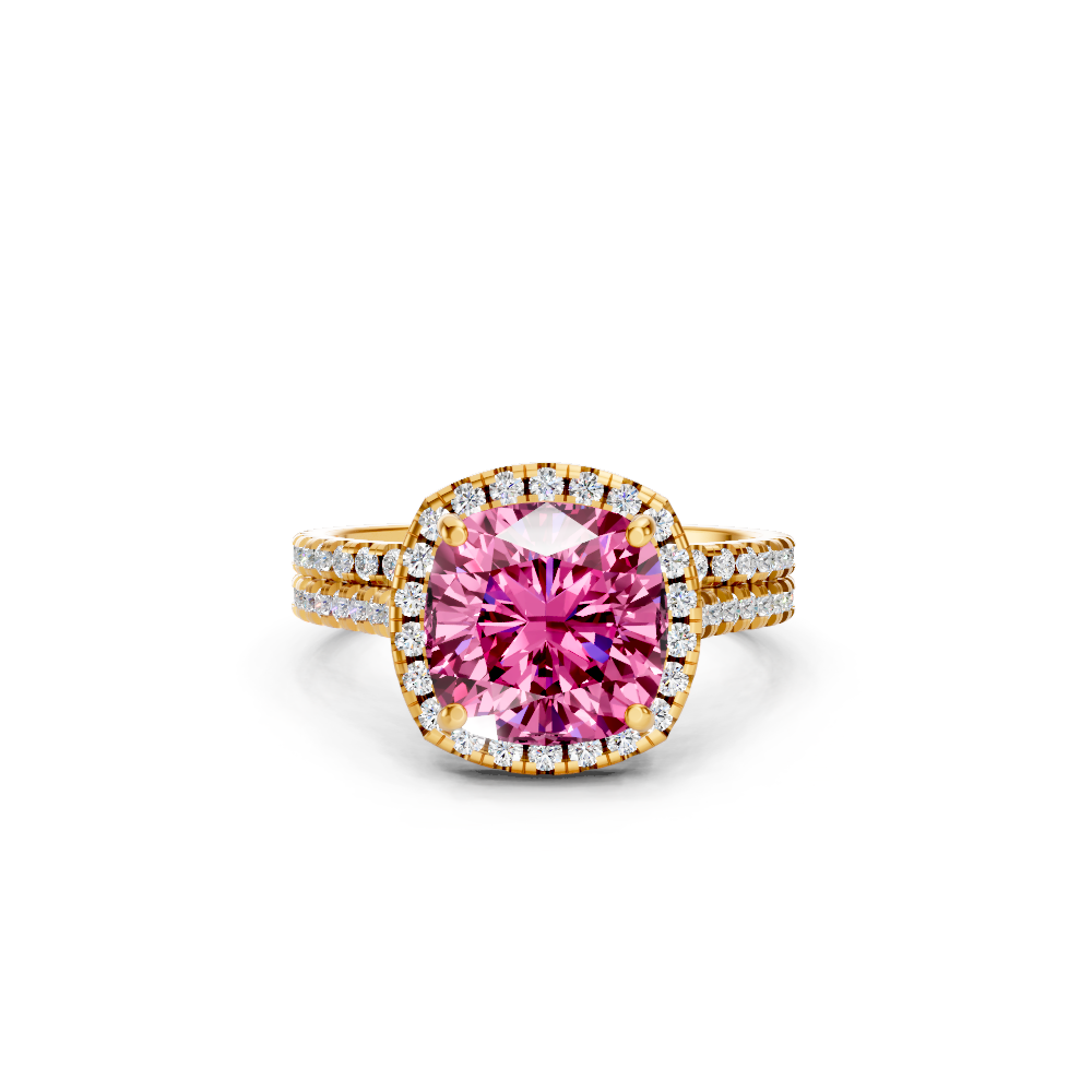 Pink Sapphire Cushion Halo Ring with Pave Band