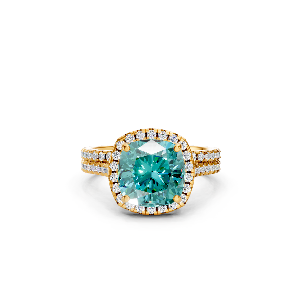 Paraiba Tourmaline Cushion Halo Ring with Pave Band