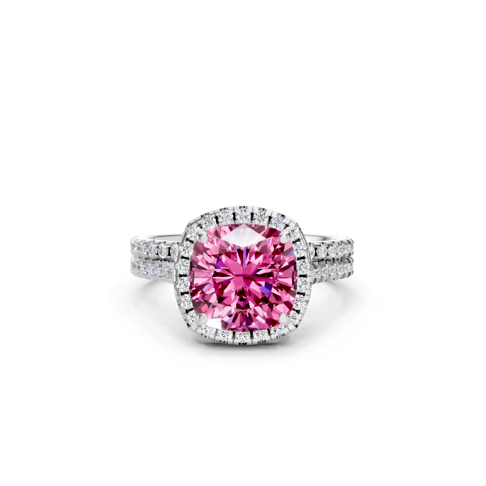 Pink Sapphire Cushion Halo Ring with Pave Band