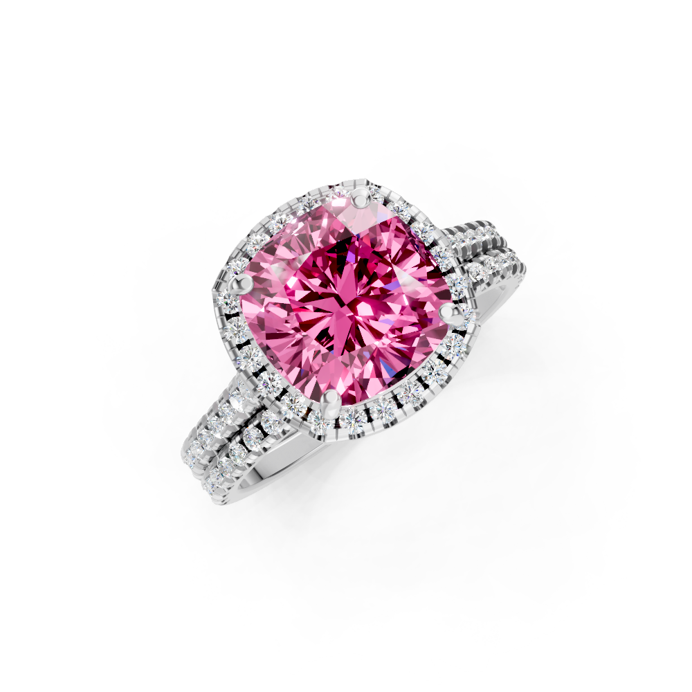 Pink Sapphire Cushion Halo Ring with Pave Band
