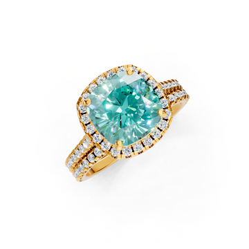 Paraiba Tourmaline Cushion Halo Ring with Pave Band
