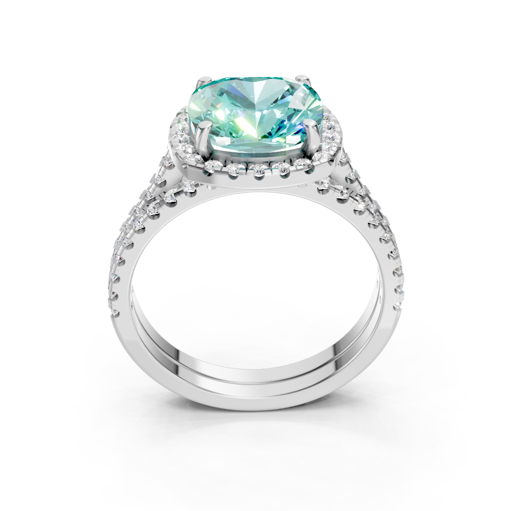 Paraiba Tourmaline Cushion Halo Ring with Pave Band