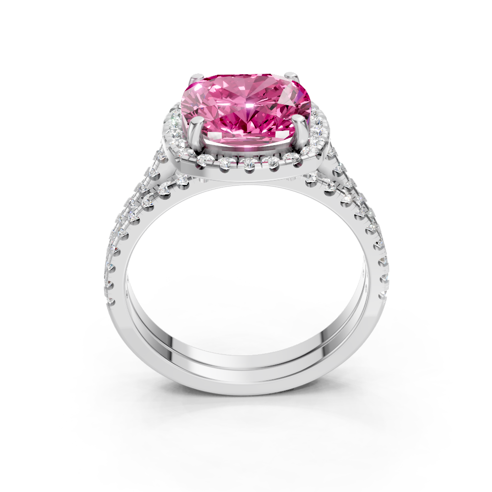 Pink Sapphire Cushion Halo Ring with Pave Band