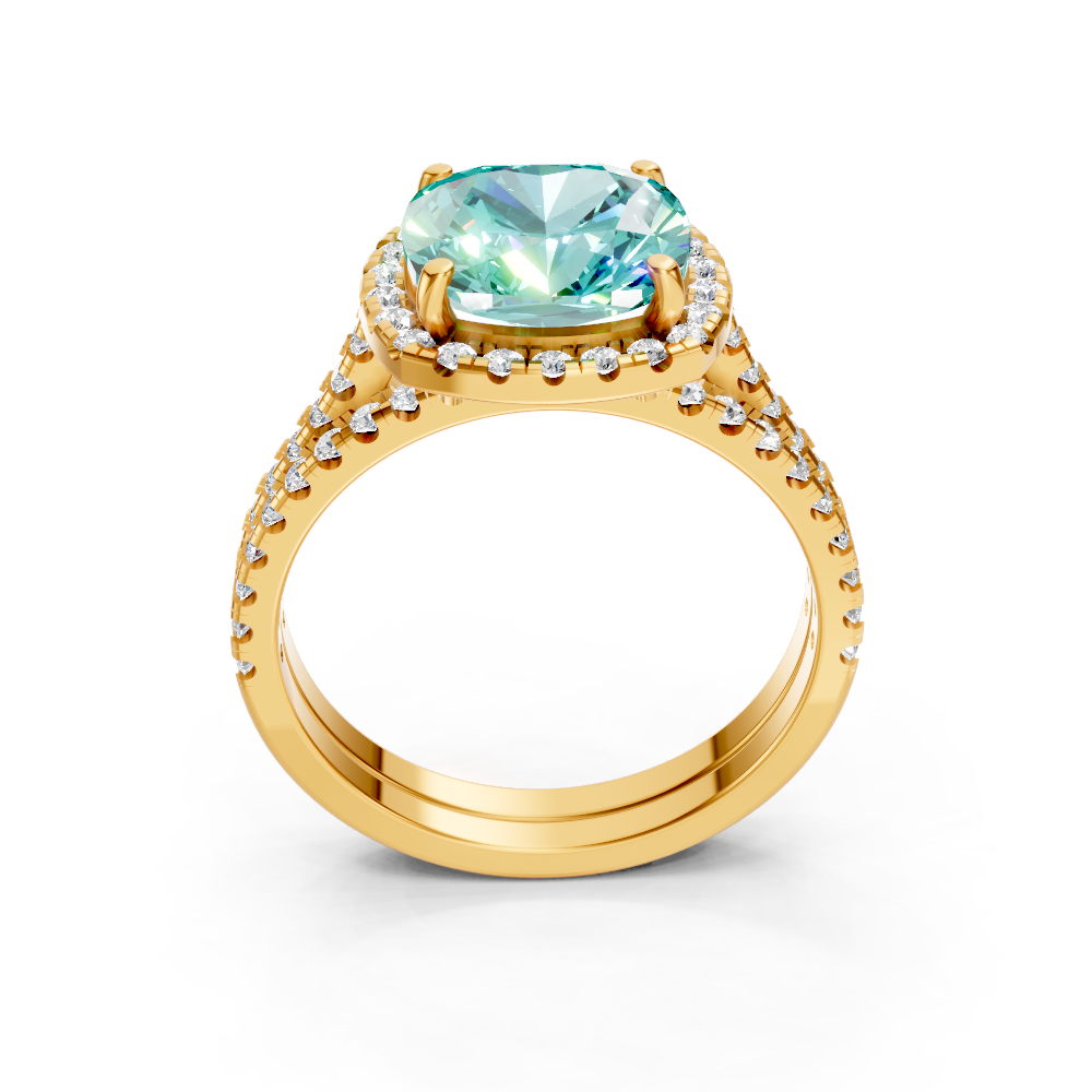 Paraiba Tourmaline Cushion Halo Ring with Pave Band