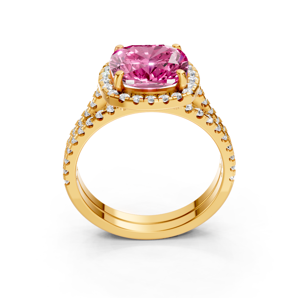 Pink Sapphire Cushion Halo Ring with Pave Band