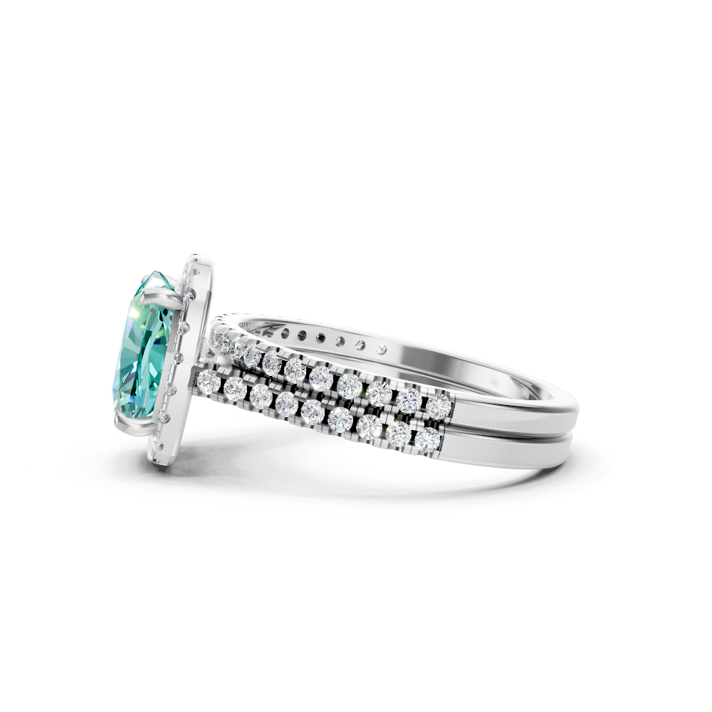 Paraiba Tourmaline Cushion Halo Ring with Pave Band