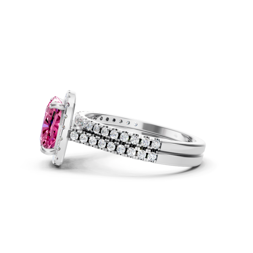 Pink Sapphire Cushion Halo Ring with Pave Band