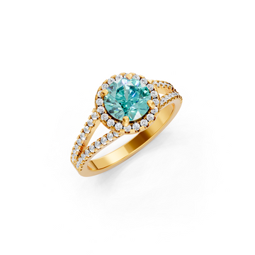 Paraiba Tourmaline Round Halo Ring with Diamond Pavé Split Band