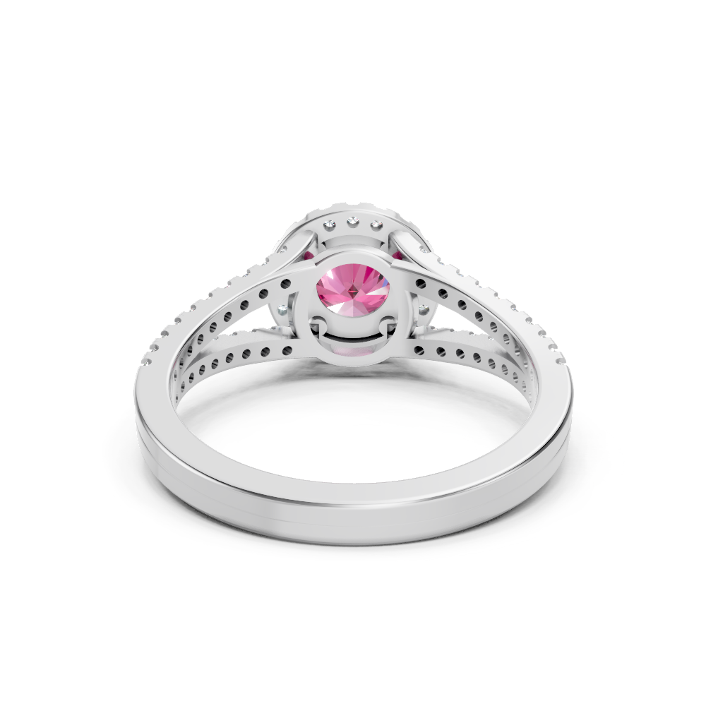Pink Sapphire Round Halo Ring with Diamond Pavé Split Band