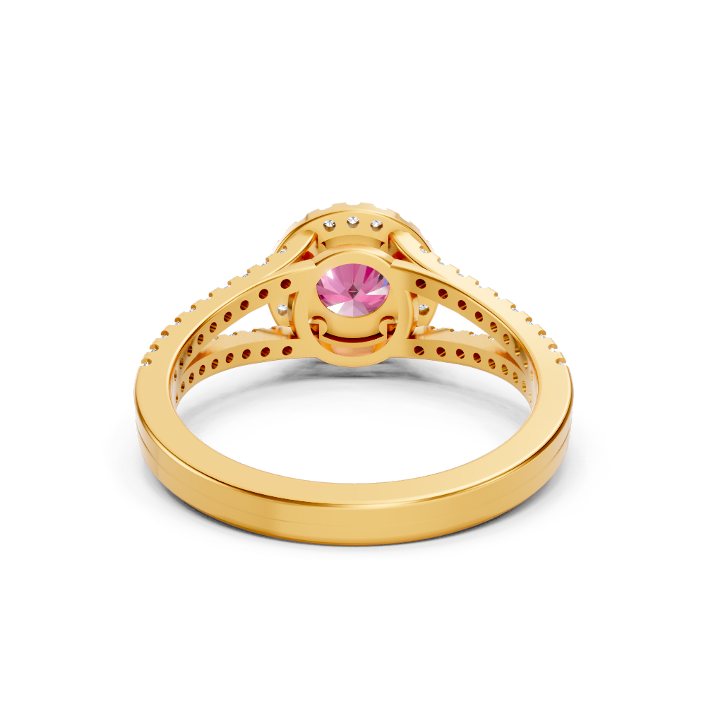 Pink Sapphire Round Halo Ring with Diamond Pavé Split Band