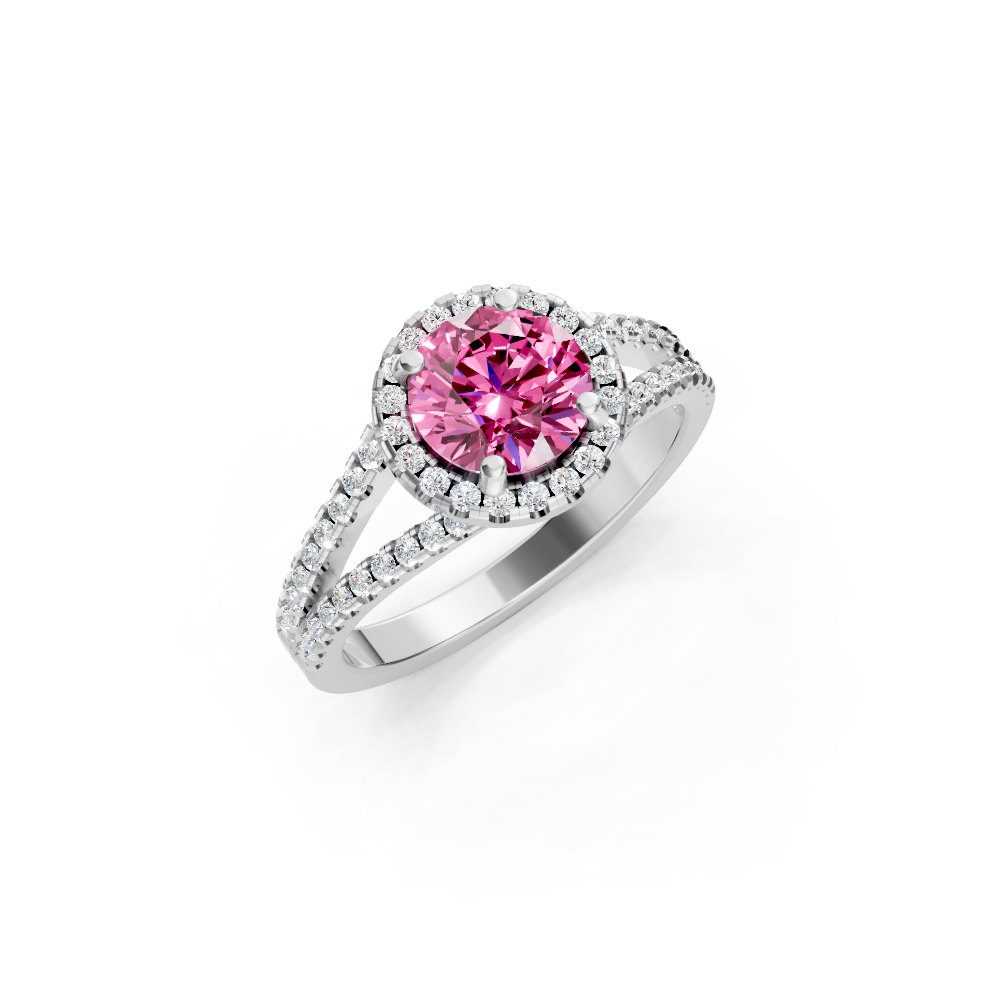Pink Sapphire Round Halo Ring with Diamond Pavé Split Band