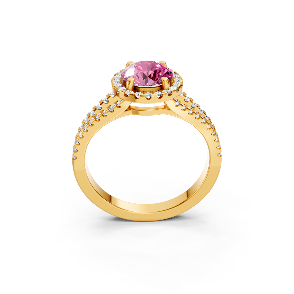 Pink Sapphire Round Halo Ring with Diamond Pavé Split Band