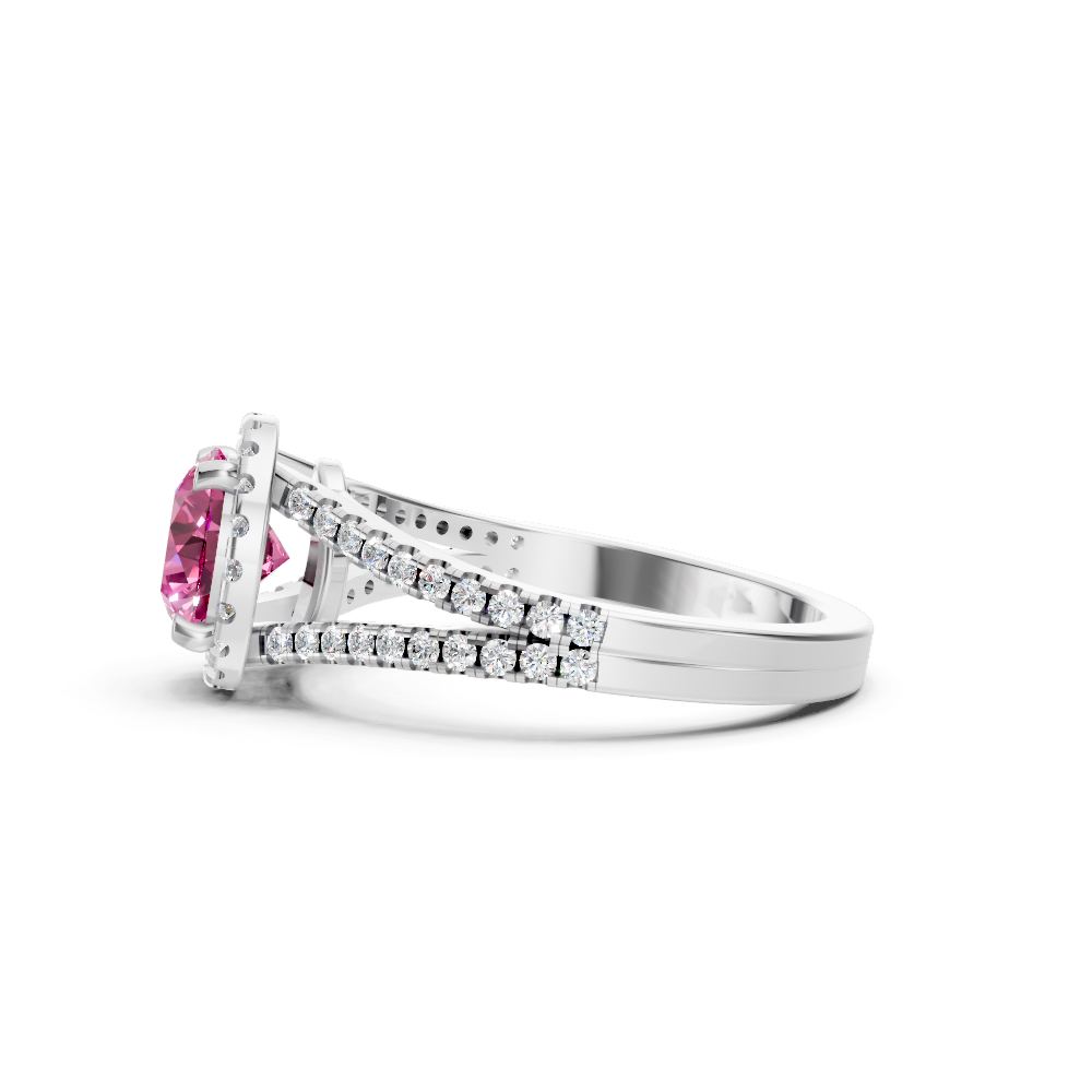 Pink Sapphire Round Halo Ring with Diamond Pavé Split Band