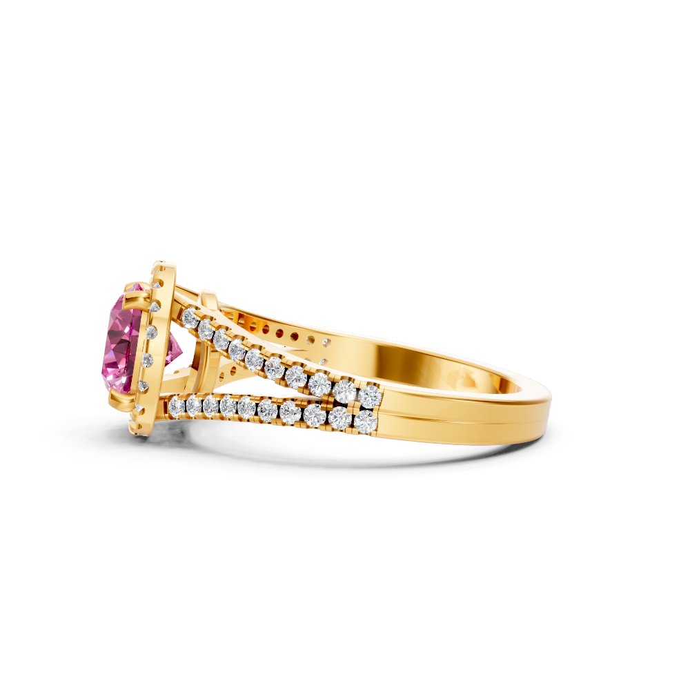 Pink Sapphire Round Halo Ring with Diamond Pavé Split Band