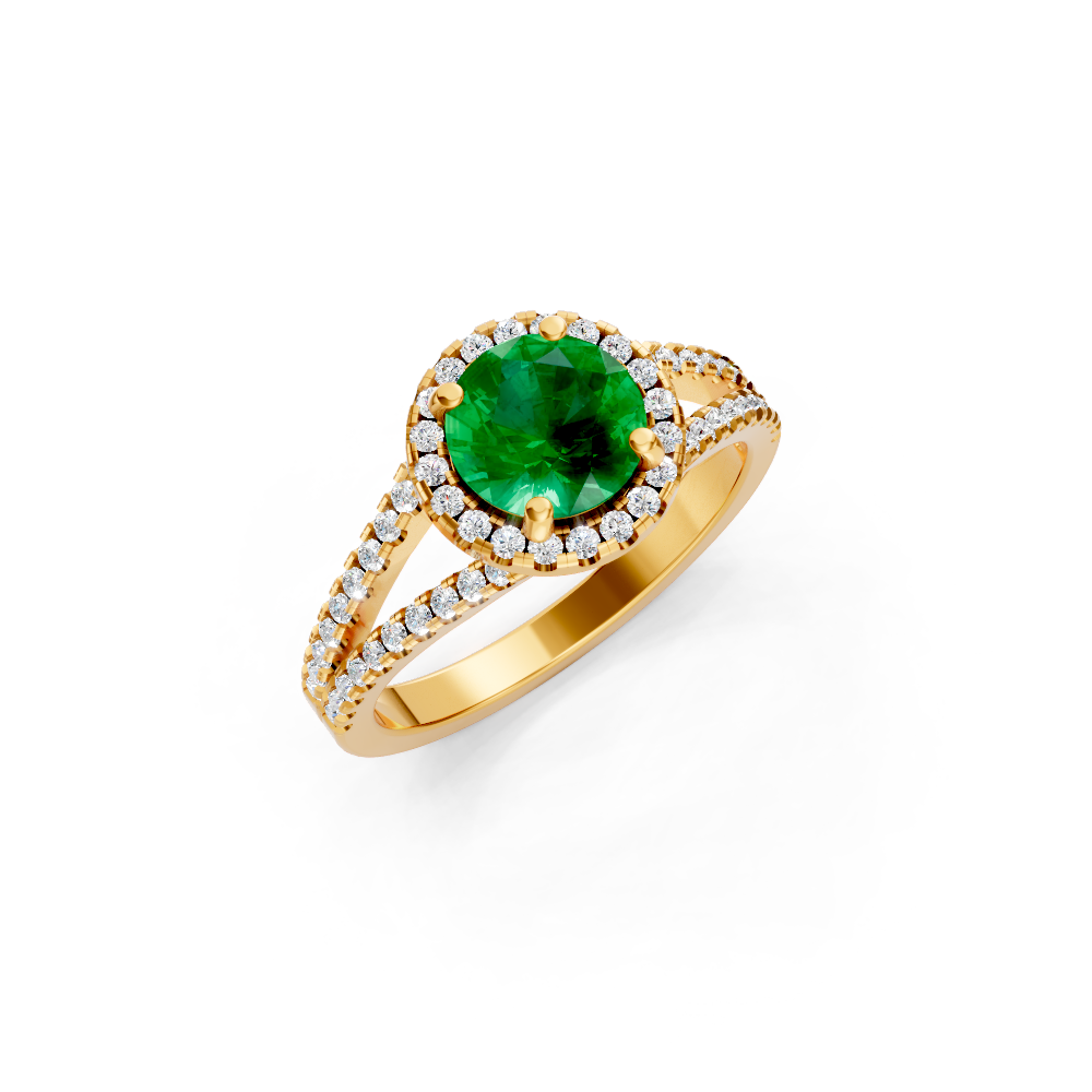 Colombian Emerald Round Halo Ring with Diamond Pavé Split Band
